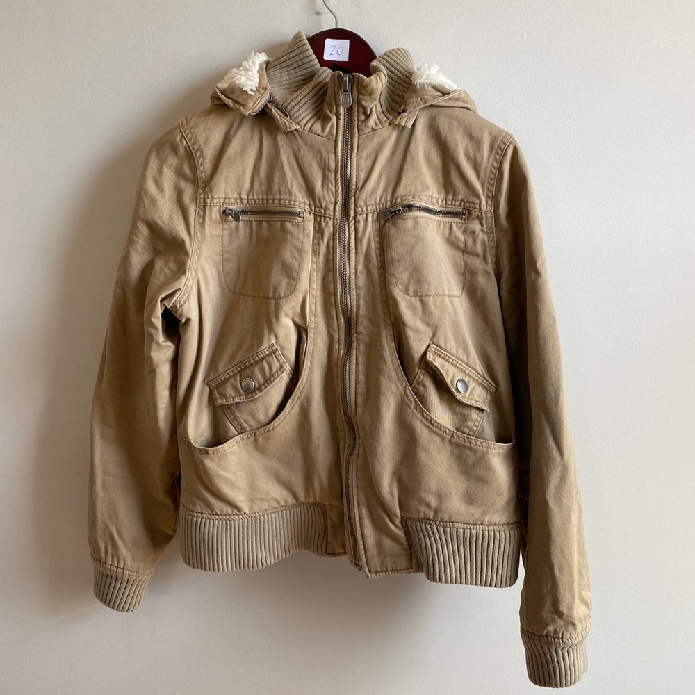 Hooded tan zip up super warm jacket